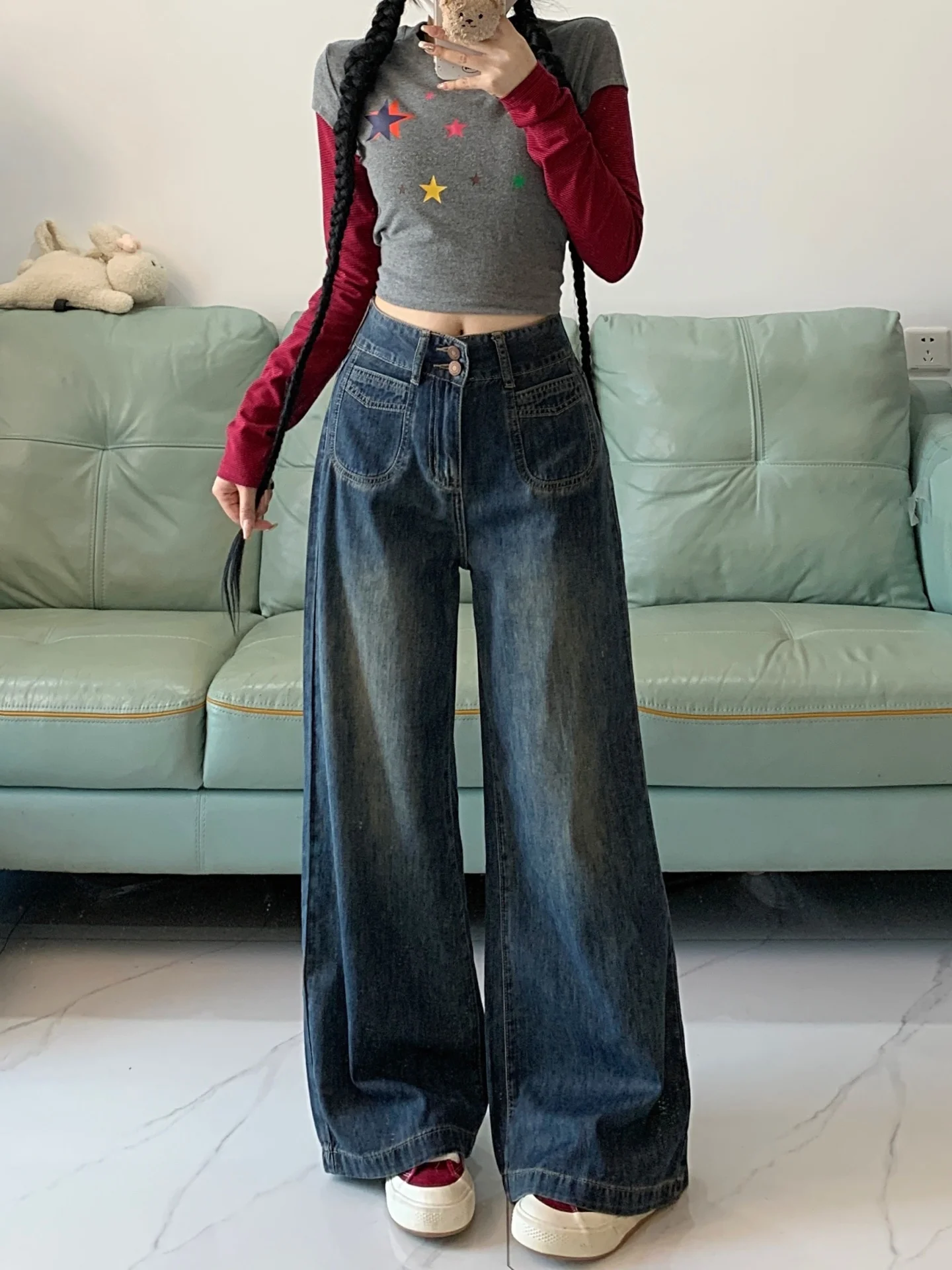 High Waist Wide Leg Denim Jeans Women's Autumn Large Size Loose Straight Cement ey Double Bule Floor-Length Slimming Pants