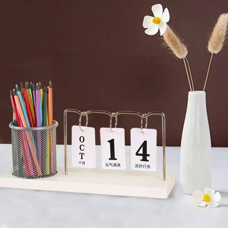 Portalápices con calendario de bloque perpetuo, calendario de escritorio de madera, adornos de escritorio multifuncionales, Simple, reutilizable
