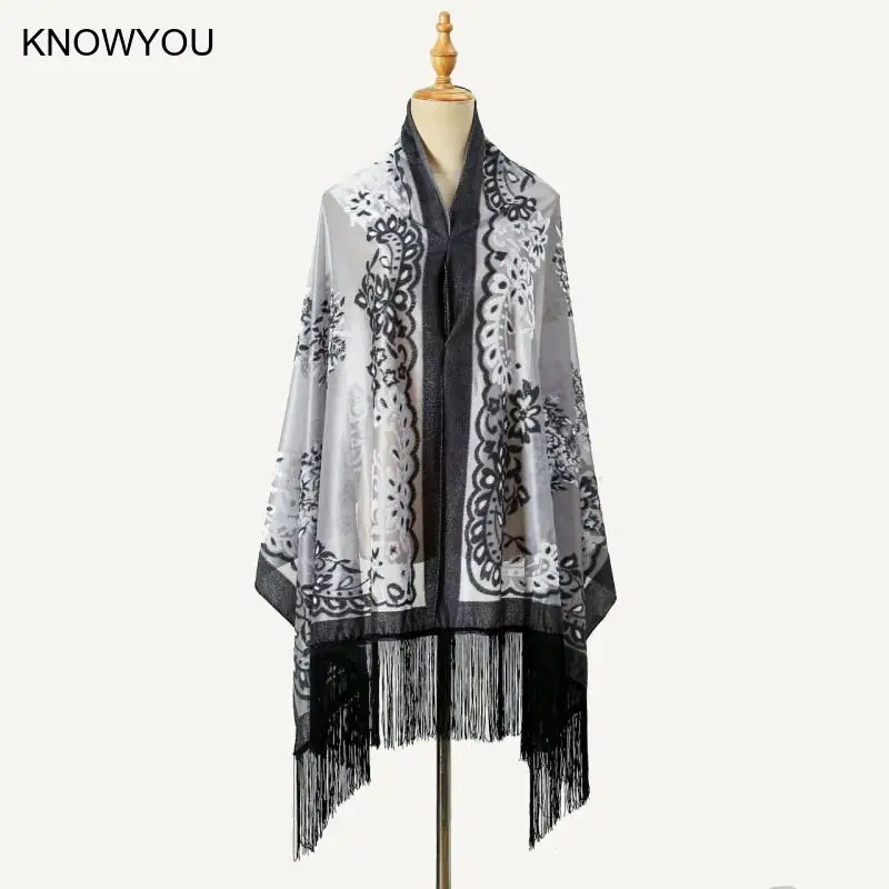 190*70Cm chales de lujo de terciopelo Jacquard Pashmina señora elegante chal de fiesta de noche capa larga con borlas mujeres Qipao Echarpes