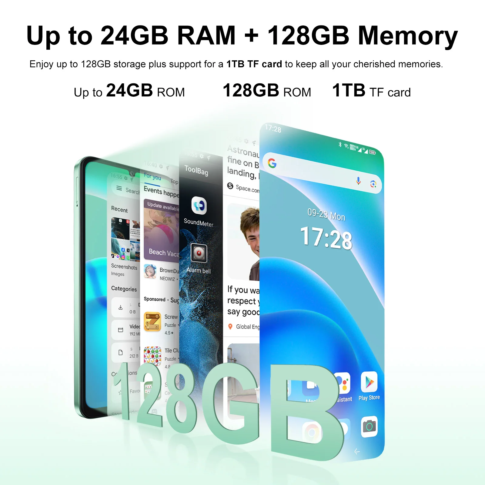 Fossibot S1,5G 휴대폰, 50MP 메인 카메라, 4900mAh 배터리 스마트폰, 24GB RAM(6GB + 18GB), 128GB ROM, 안드로이드 14 NFC 휴대폰