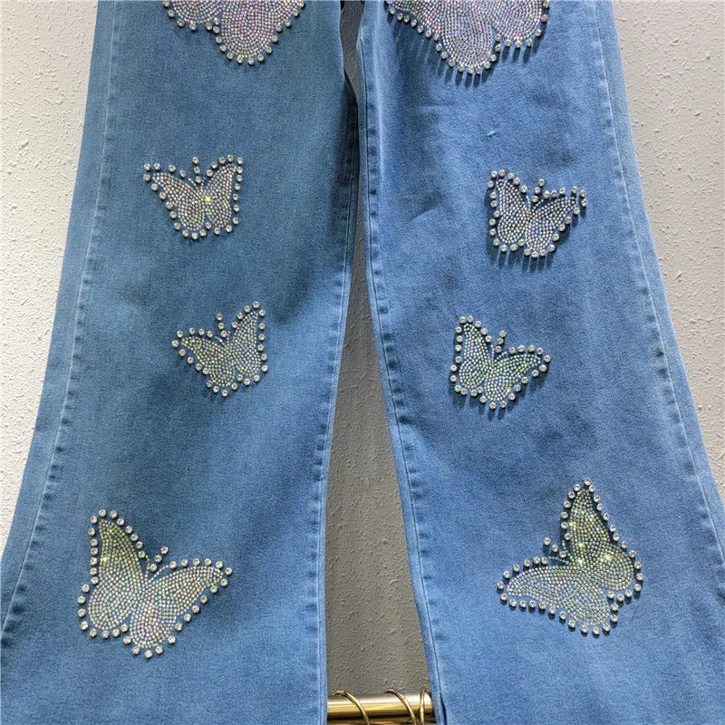 New Casual Hot Diamond Beads Butterfly High Waist Elastic Jeans Women's Wide Leg Floor Pants Summer 2025 Trendy Loose Trousers