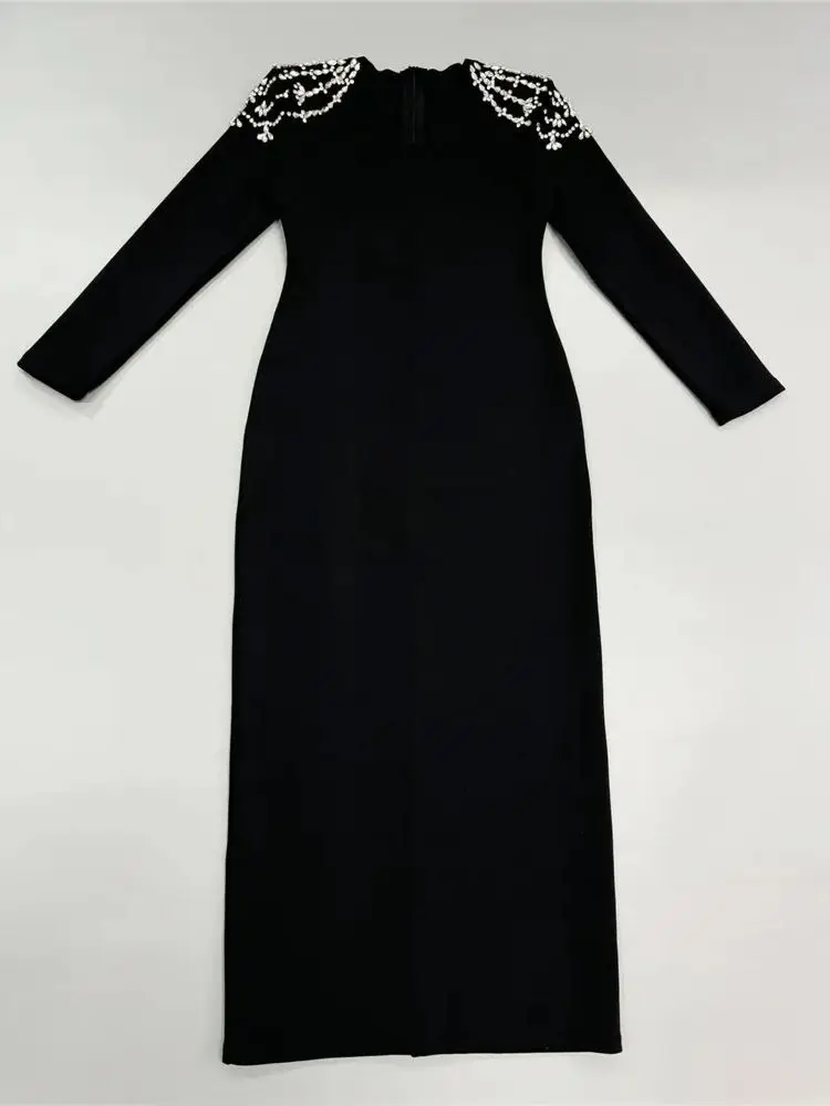 Autumn New Luxury Birthday Dresses Diamond Tight Long Sleeve Square Neck Long Bandage Dress Women's Wedding Evening Formal Gowns