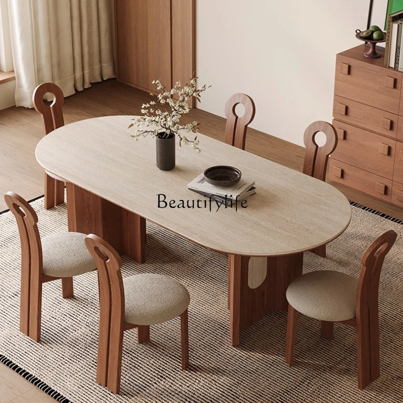 

Vintage Style Cave Stone Rock Plate Dining Table Solid Wood Oval Nordic Retro Dining Table