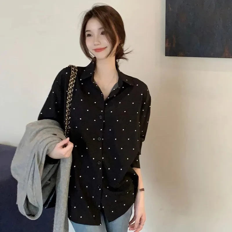 Korean Version Retro Lapels Polka Dots Contrasting Loose Casual Simple Fashion Versatile Long-sleeved Shirt