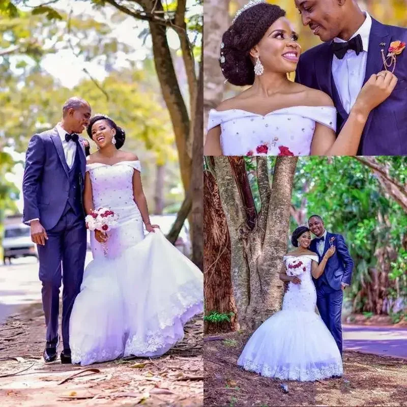 فساتين زفاف حورية البحر النيجيرية الأفريقية المخصصة لحفلات الزفاف والخرز والكريستال الأورجانزا ورقبة على شكل V تقدم الكتف بطول الأرض