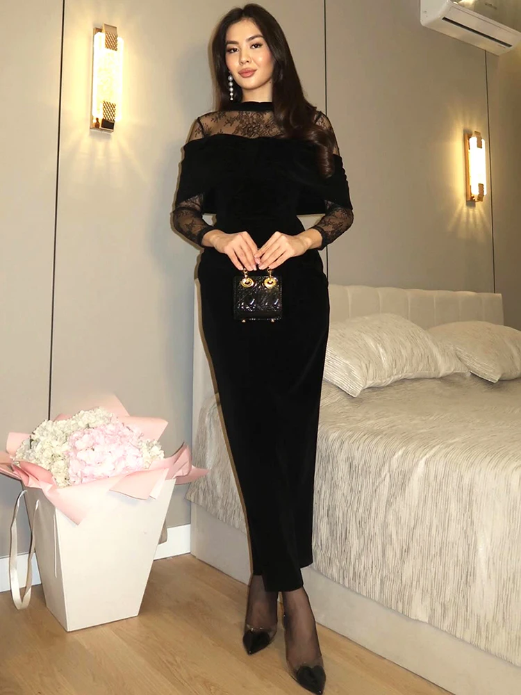 Sukienka wieczorowa Nibber na studniówkę, długa, damska, z koronkowymi wstawkami, dekolt okrągły, długi rękaw, dopasowana, marszczona, z wysokim stanem, elegancka suknia na północ, vestidos.