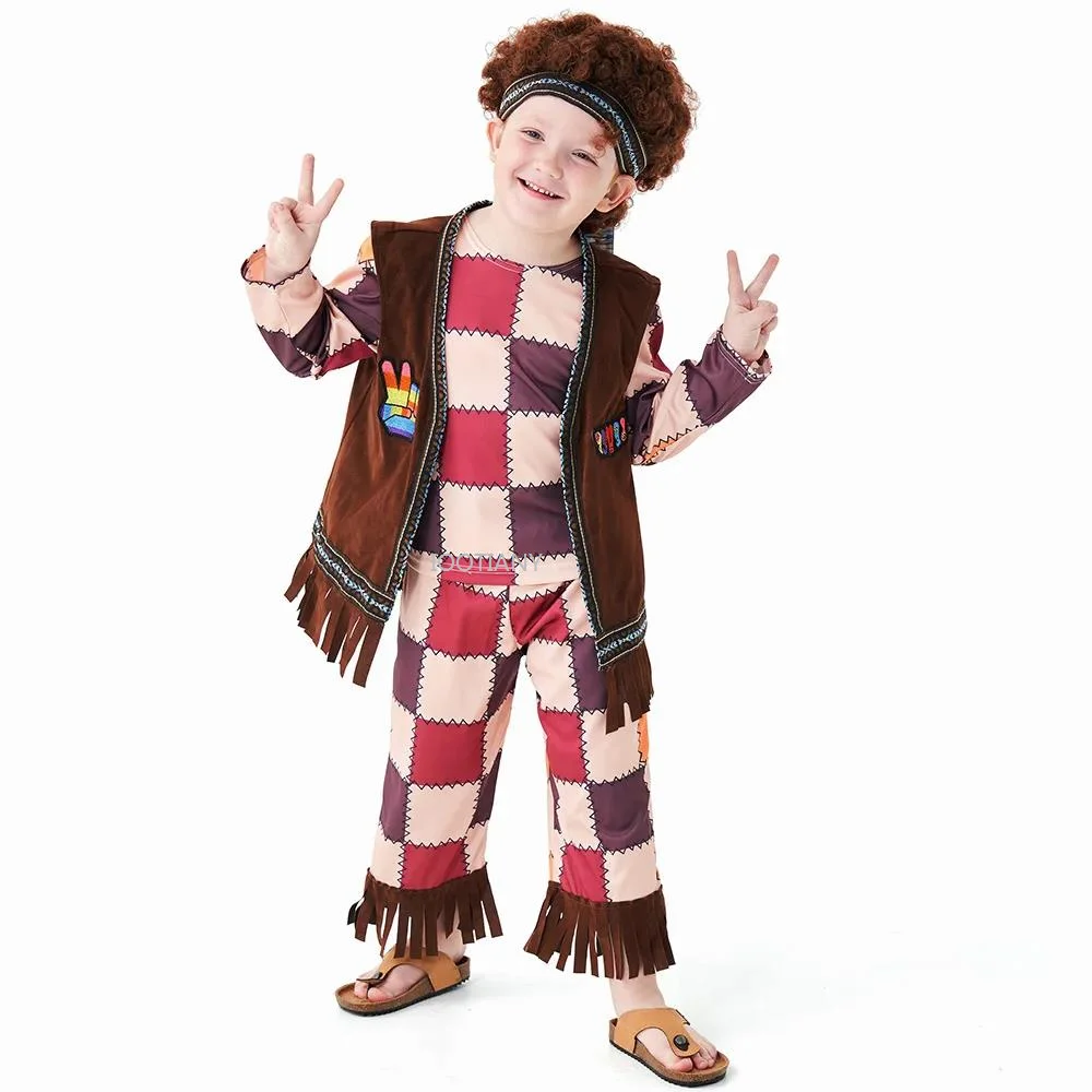 

Children's Day Hip Hop Plaid Clothes Children's Retro Hip Hop 1970s Hippie Cosplay Costumes Modelling Walking Performance Outfit