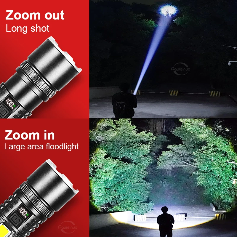 Most Powerful LED Flashlight High Power Rechargeable Tactical Torch Built-in 6800mAh Battery COB Flashlight Camping Hand Lantern