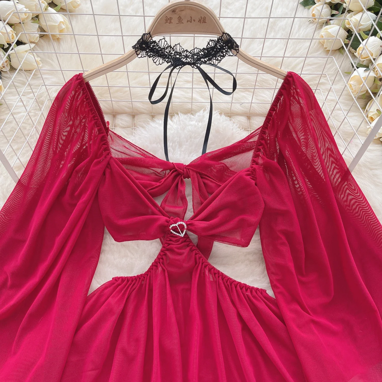 透かし彫りメッシュセクシードレス レディース シースルーAライン水着+Tバック 2025 シアー エロティック ポルノ官能的ミニナイトドレス