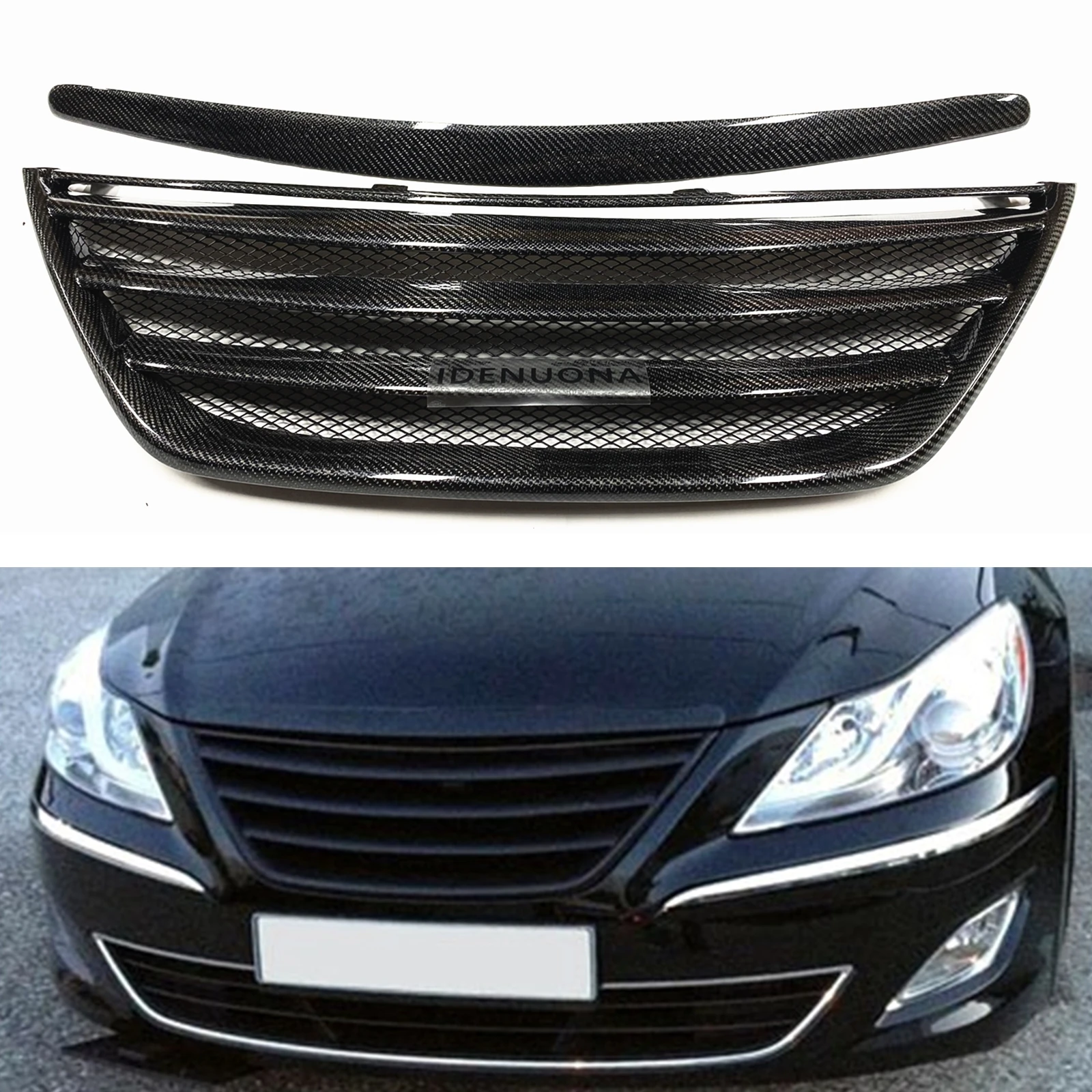 Front Grille Grills+Bracket Trim For Hyundai Genesis 2009-2014 Sedan Sport Carbon Fiber/Fiberglass Upper Bumper Hood Mesh Grid