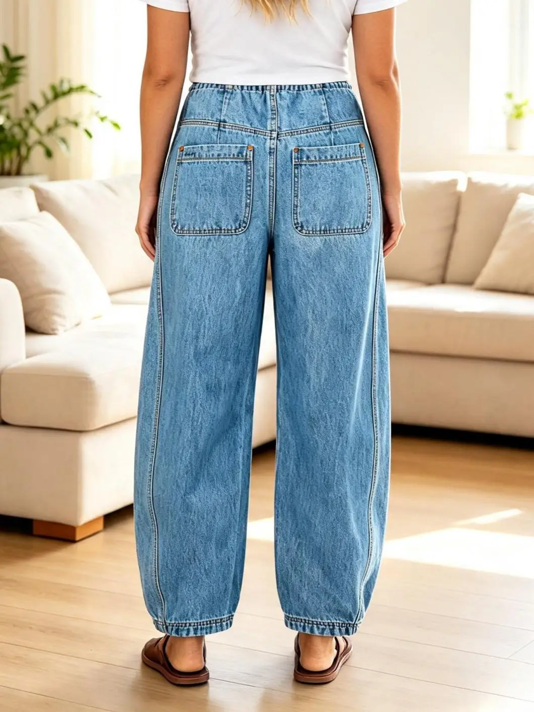 【HME】Jeans | Baggy Barrel‑Leg Denim Pants For Ladies, Elastic Drawstring Waist Denim Jeans, Full‑Length Contrast Stitching & Functional Patch Pockets, Vintage Light Wash Loose‑Fit Pants For Casual Street Looks
