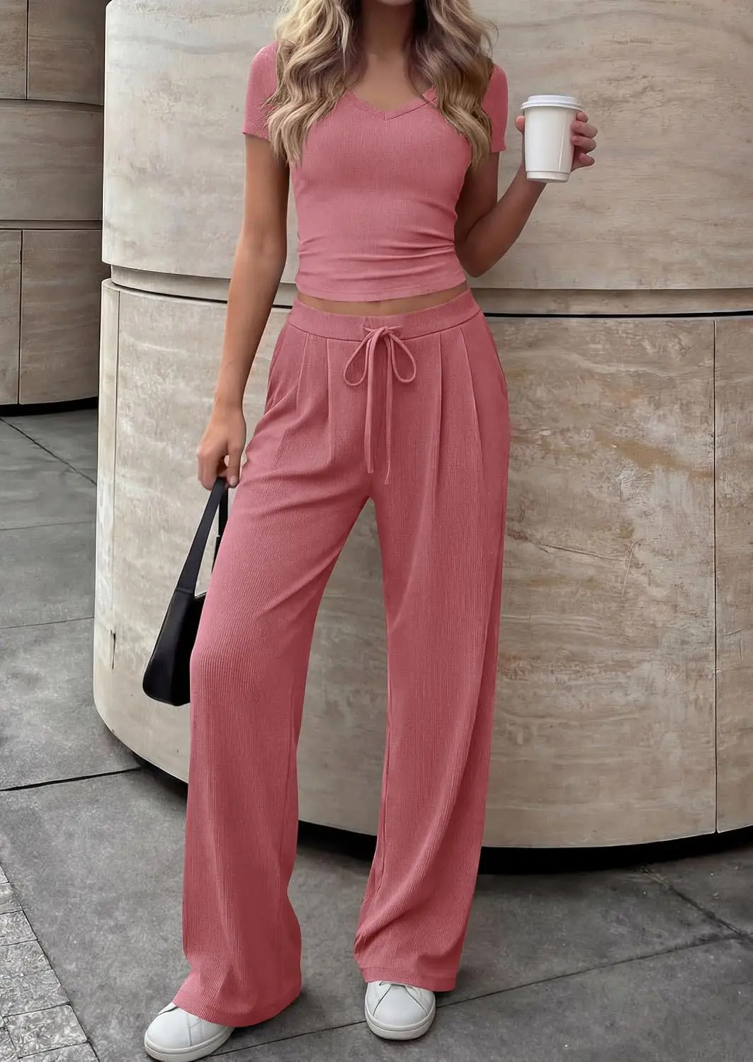 

Women's Suit Short Sleeve Top Pant Lounge Sets V Neck Fashionable Casual Knitted Sports Vest And Wide Leg Pants 2 Piece Set