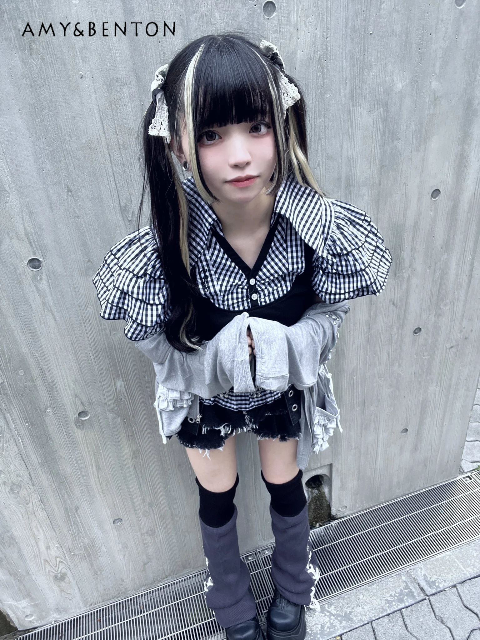 日本の鉱山シリーズサブカルチャー量産チェック柄シャツスウィートガールフリルエッジスプライシング半袖ブラウスゴシックY2Kトップ