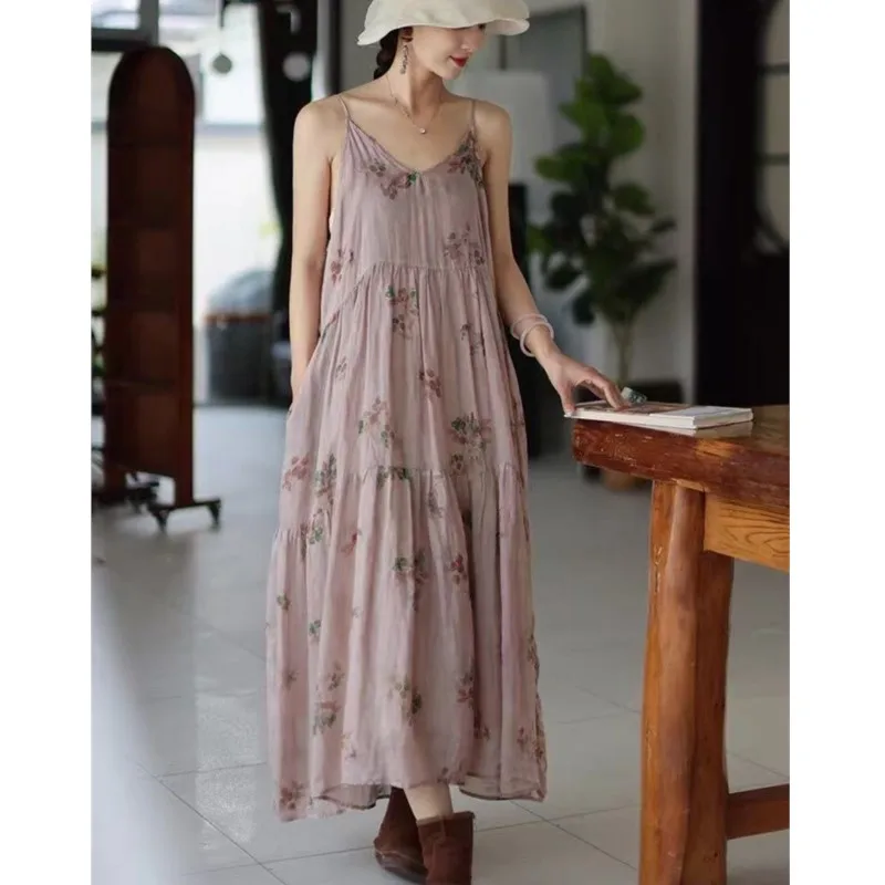 

Johnature новое платье Ramie с цветочным принтом на подтяжках, новое летнее китайское курортное свободное повседневное свободное платье без рукавов с простым ремешком, женские платья