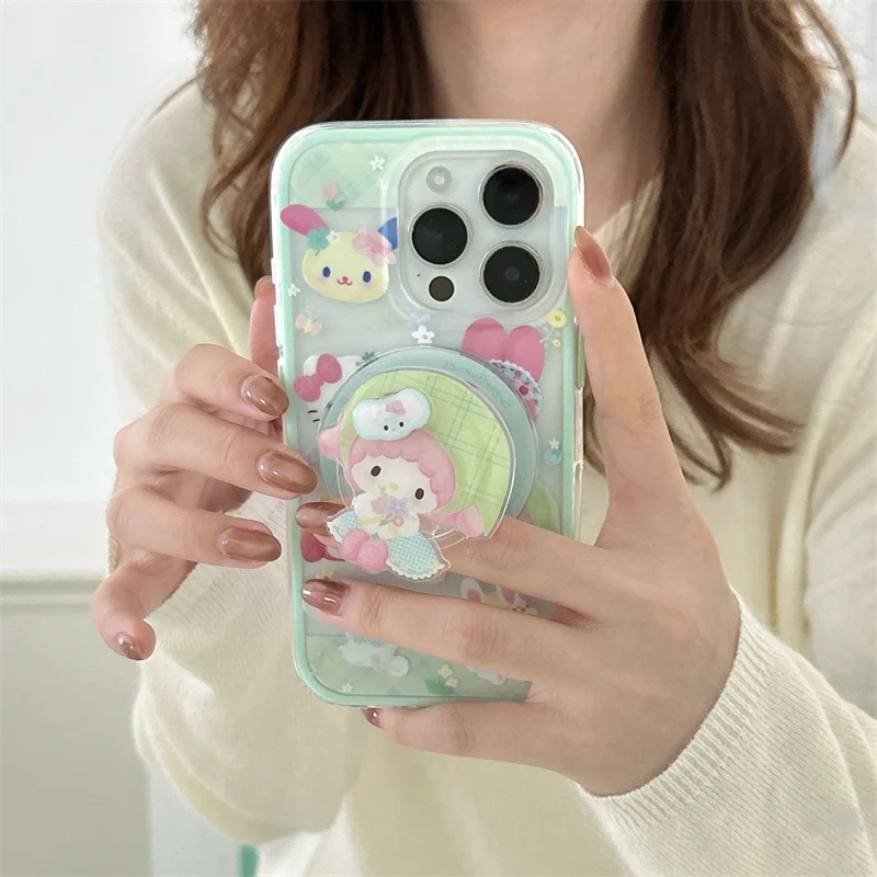 

Korean Cute Sanrio Hellokitty Melody Magnetic Phone Case For iPhone 17 Pro 15 16 14 Pro Max Cover with Holder For Magsafe