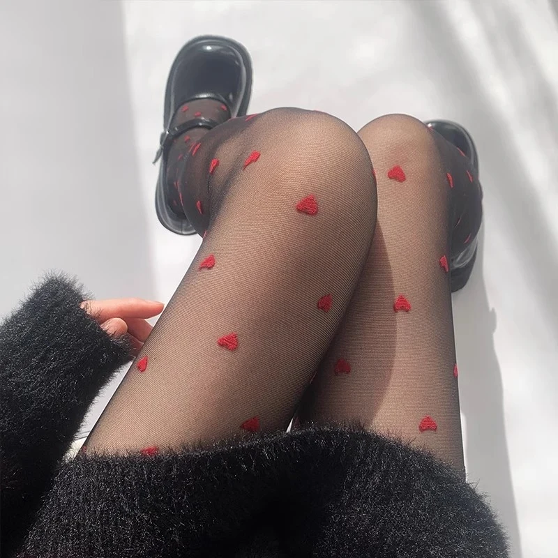 Sweet Red Dots/Heart Silk Tights For Girls Ultra-thin Transparent Black Pantyhose JK Style Cosplay Thigh High Party Stockings