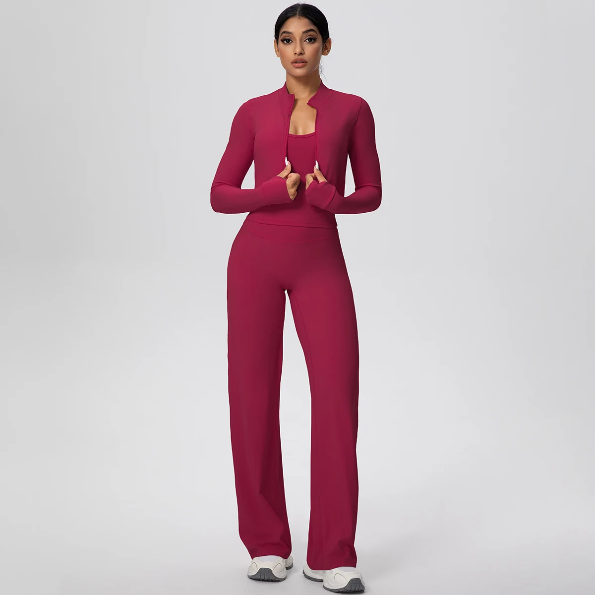 طقم يوجا رياضي للياقة البدنية سريع الجفاف للنساء، حمالة صدر بحزام عاري اللون مع وسادة صدر وسحاب وأكمام طويلة #4