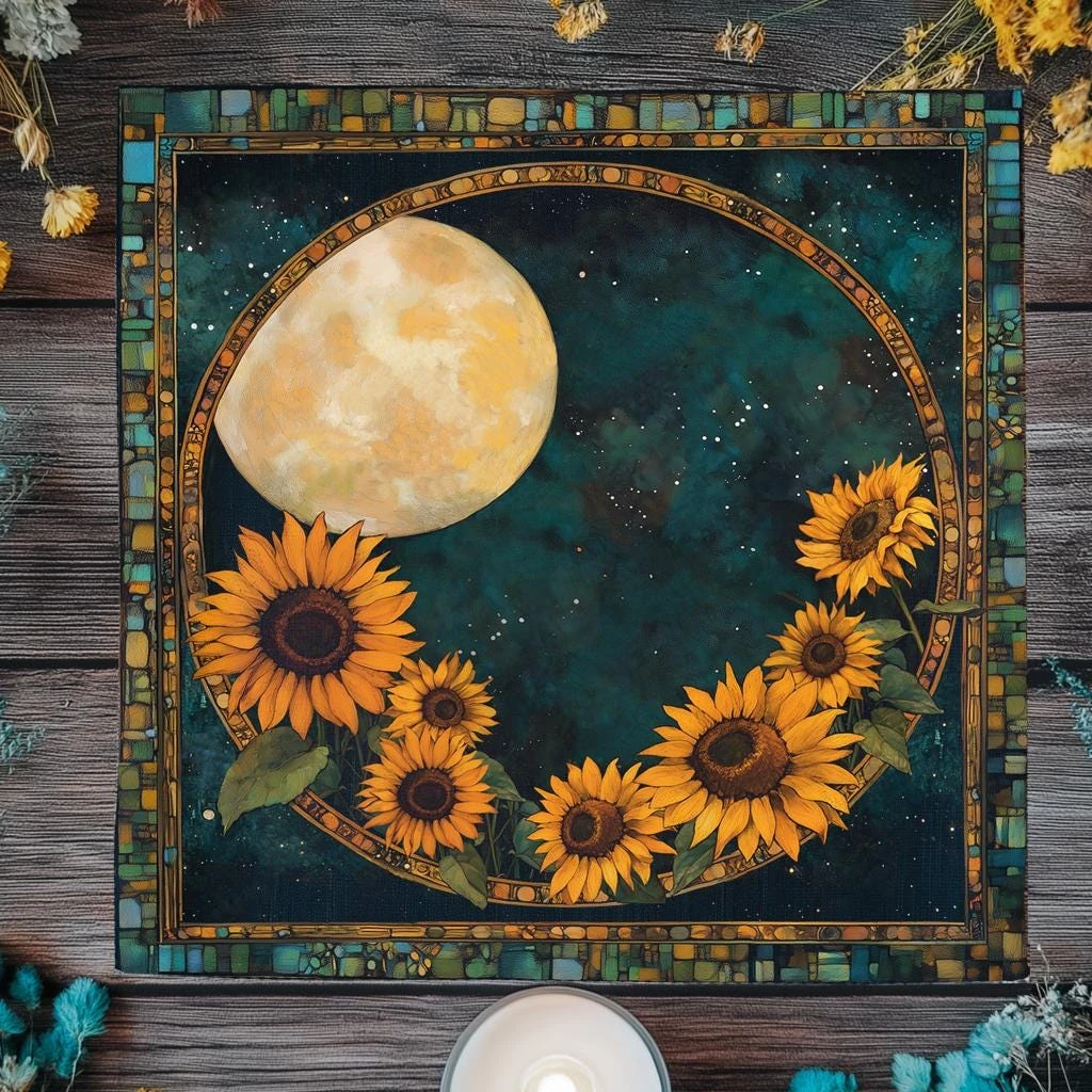 Mystische Mond-Sonnenblumen-Tarot-Tischdecke, himmlische Buntglas-Altartuch für Wahrsagerei, Meditation, Hexen-Dekor