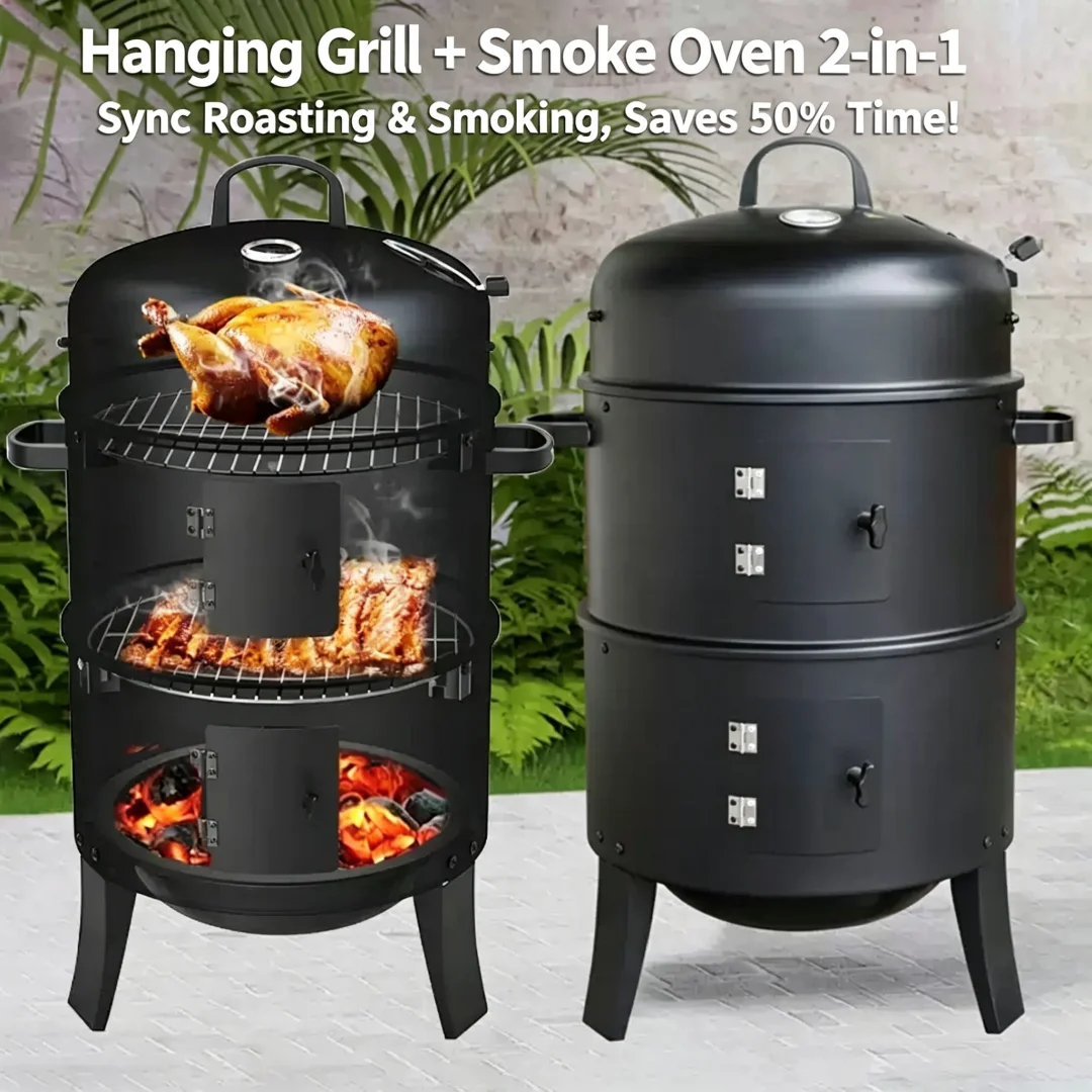 Household Charcoal Barbecue Smoker Hanging Grill, Smoker Barrel for Chicken Duck, Cured Meat, Sausage, Fish & Roasted Sweet Pota
