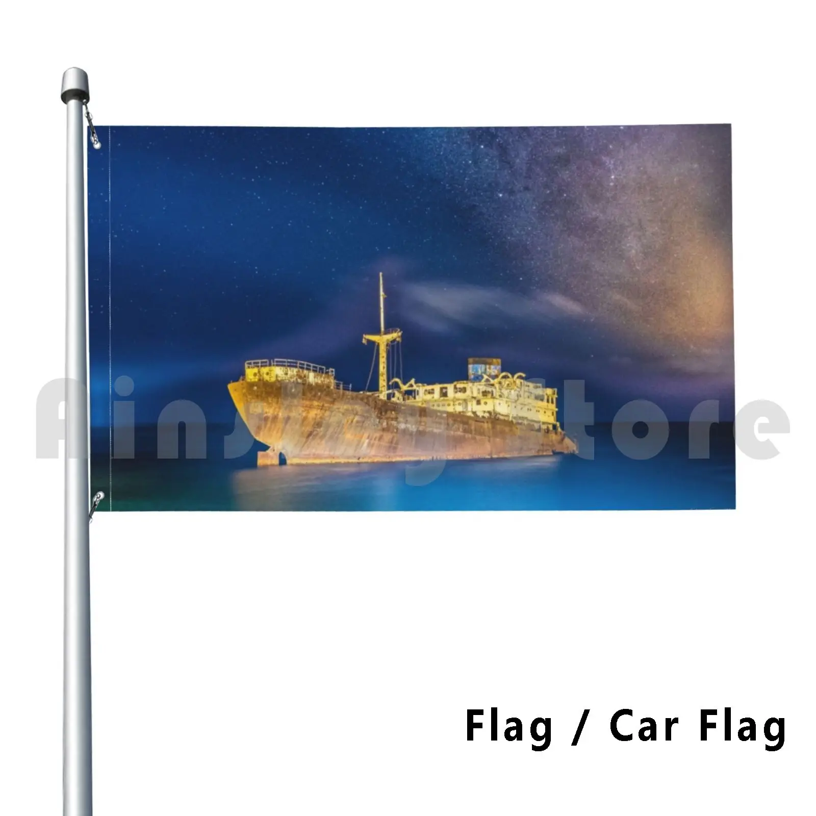 Ghost Ship With Milky Way Outdoor Decor Flag Car Flag Icimages Lanzarote Shipwreck Telamon Blue Sea Blue Sky Old