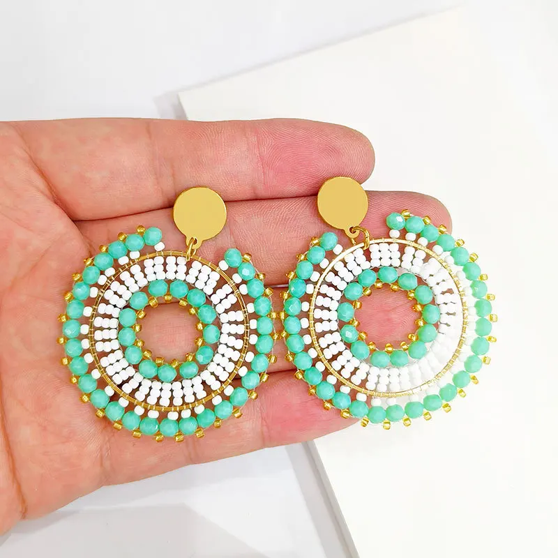 Rice bead earrings Crystal Roundness Hollow out Originality Hand knitting Bohemia Alloy Fashion Simple Beaded earrings