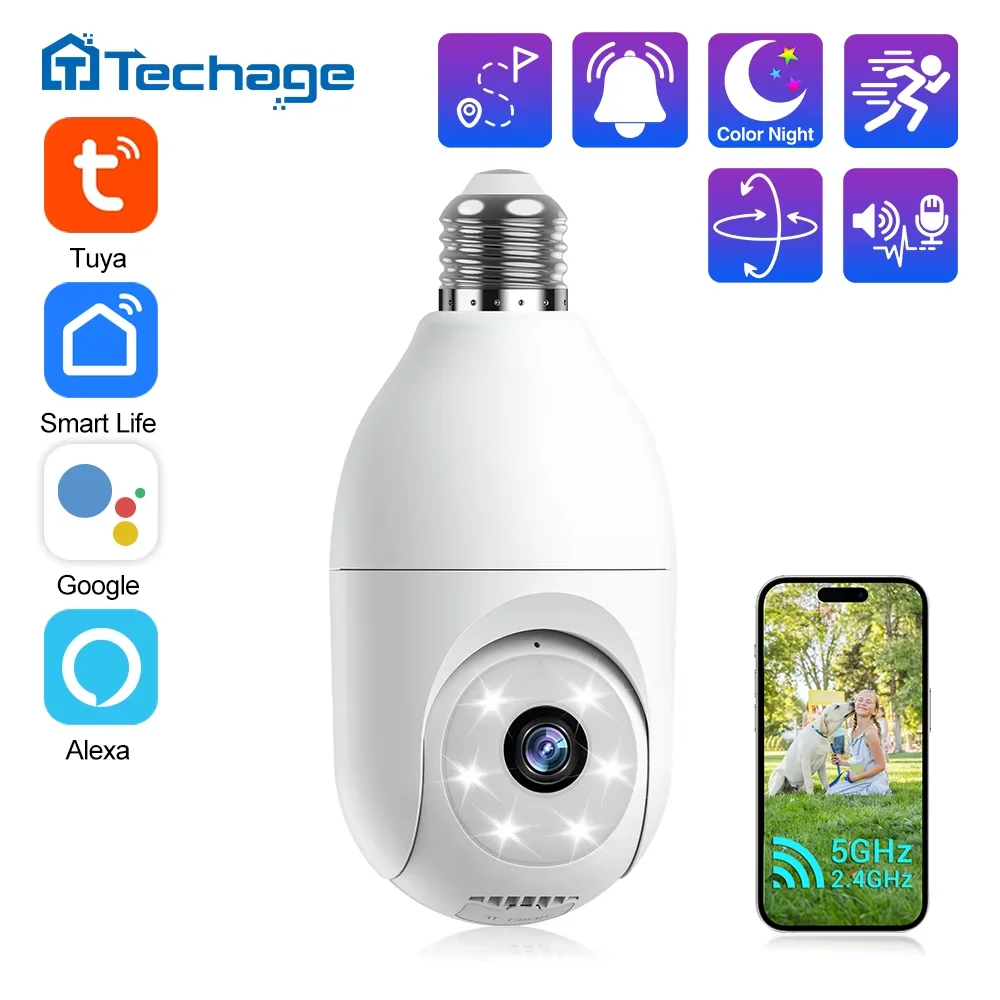 

Techage Tuya Wifi Camera 5GHz&2.4GHz Bulb Video Two Way Audio Support Alexa Security Sound DetectionHome Surveillance Camera 2MP