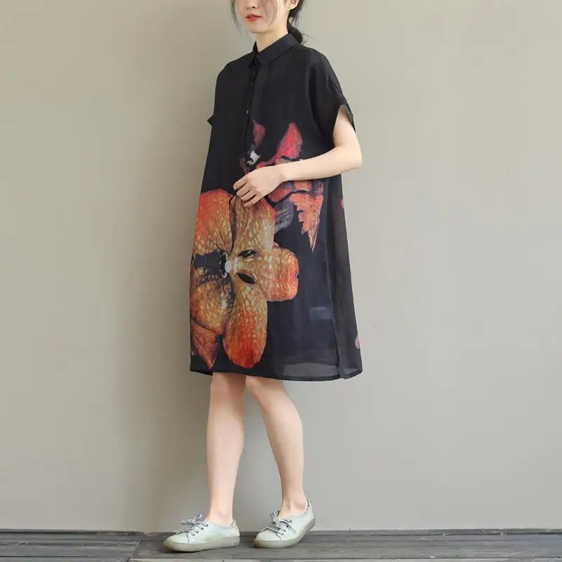 Vintage Fashion Summer Cotton Hemp Women\'s POLO Collar Printing Button Elegant Casual Loose Short Sleeve Mid-length Shirt Dress