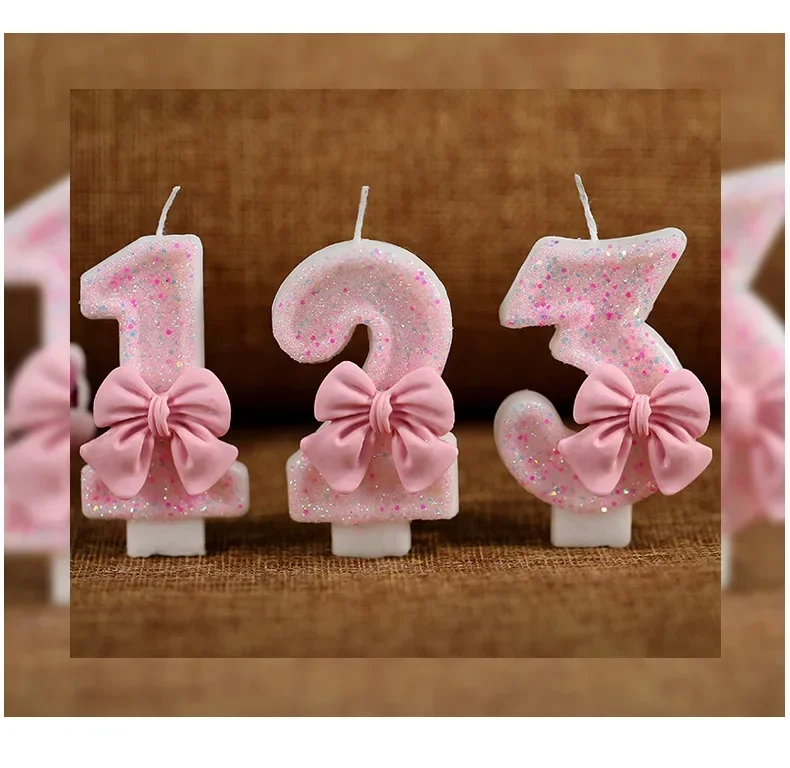 Cute Pink Bow 3D Number Cake Candles for Birthday Party Decorations Birthday Decoration Cake Decorating Tools