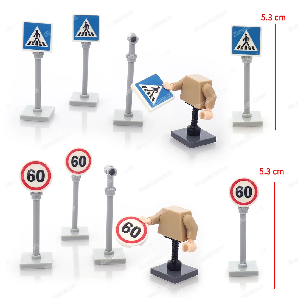 Warning Transportation Sign Pole Building Block Moc City Figures Roadside Transportation Scenes Assemble Model Child Gifts Toys