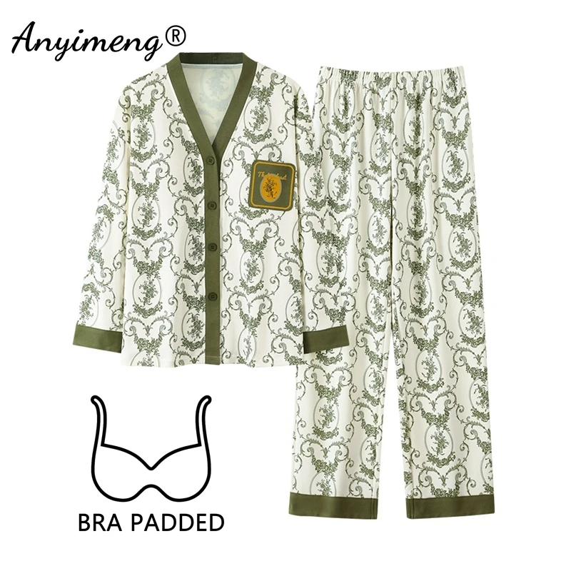 New Autumn Winter Kimono Cotton Pajamas with Bra Pads Long Sleeves Plaid Print Pijamas Cardigan Pyjamas Women Sleepwear