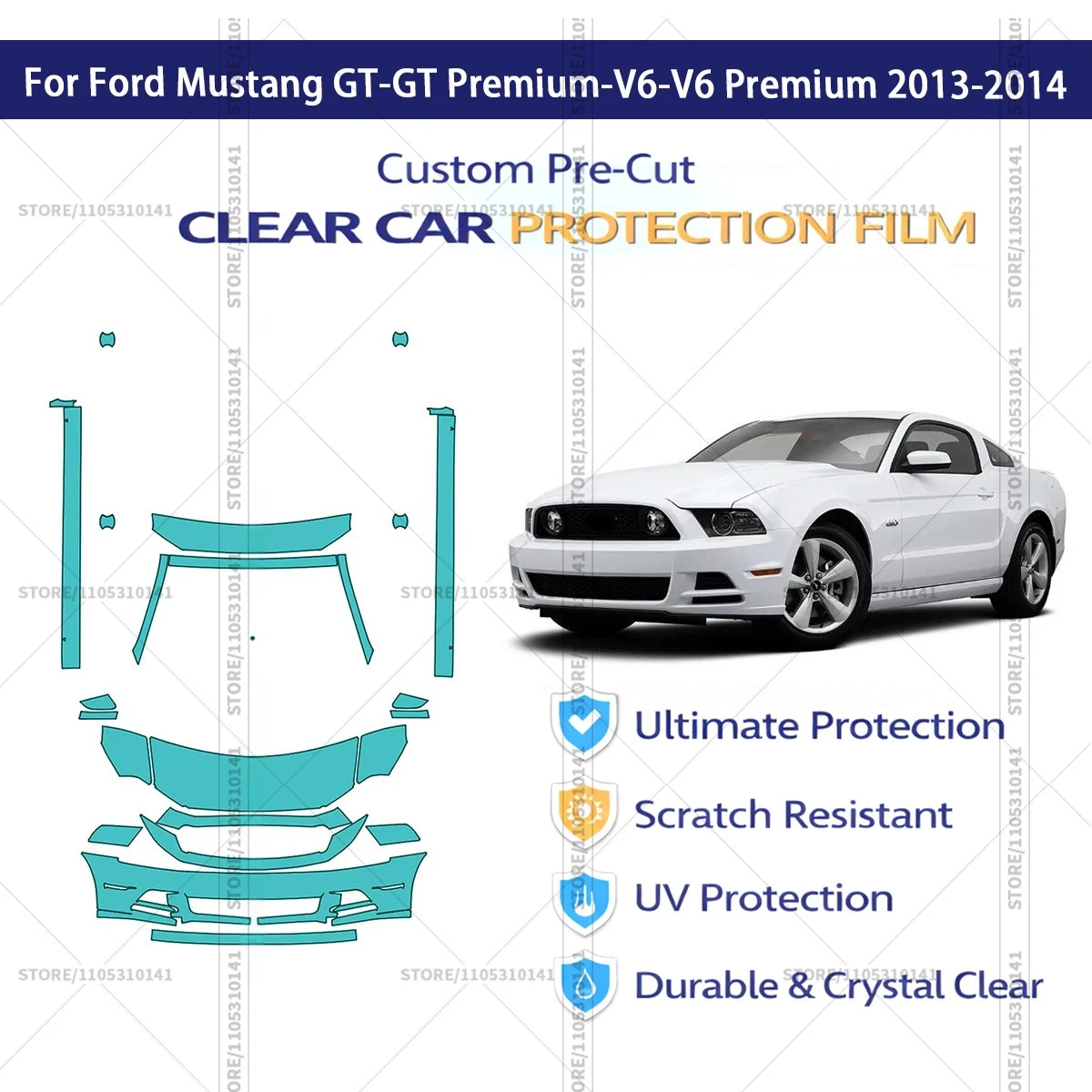 Pre-Cut Paint Protection Film PPF Transparent Car Film Automotive PPF For Ford Mustang GT-GT Premium-V6-V6 Premium 2013-2014