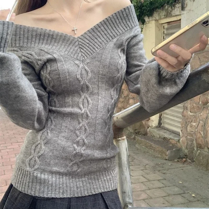 Deeptown Korean Style Grey Sexy Sweater Women Sweet Off Shoulder V-neck Knitted Pullover Slim Up Fashion Long Sleeve Sweaters