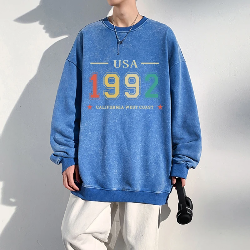 

Usa 1992 Letter Print Washed Cotton Sportswears Mens Autumn Soft Warm O-Neck Clothes Simple Comfortable Distressed Sweatshirts