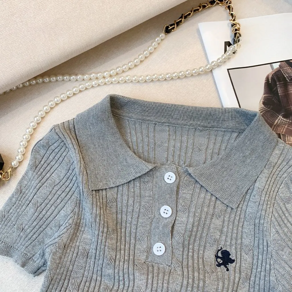 

Women's Slim Polo Collar T-Shirt Short Embroidered Ice Silk Knitted Summer Autumn New Design Real Shot in Stock