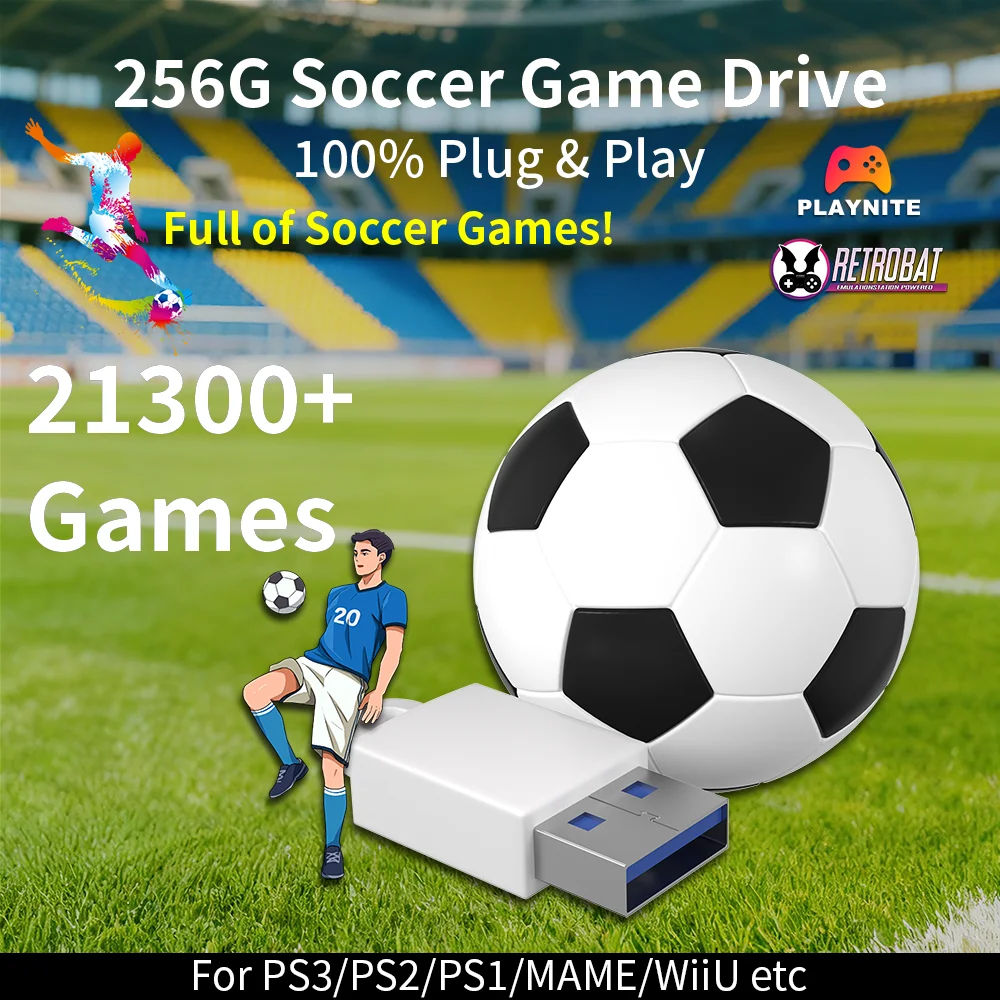 

256GB Soccer Gaming Drive with 21388 Games for PS3/PS2/PS1/WiiU/MAME Portable USB Game Disk for ROG ALLY/Wins Handheld/PC/Laptop