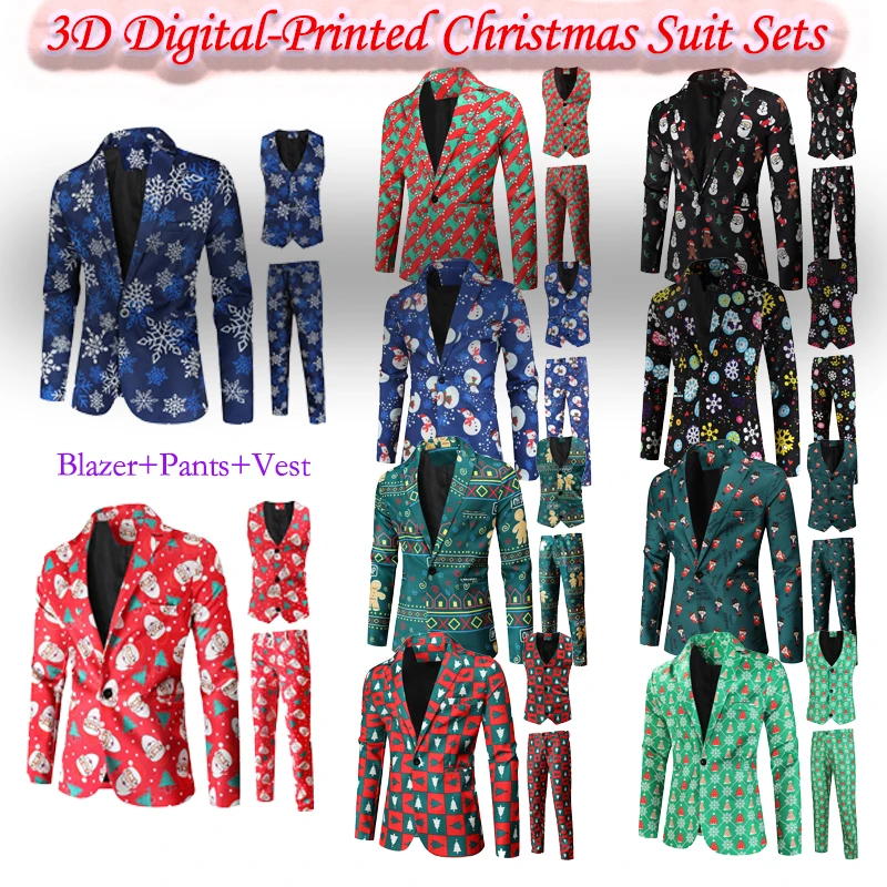 

2025 Рождественские костюмы с 3D цифровым принтом для мужчин, многоэлементный вечерний пиджак с рождественским принтом + брюки + жилет, комплект из 3 предметов, M-4XL