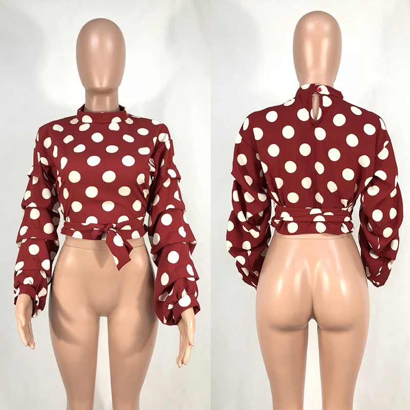 Mode Polka Dot Blouse Shirt Vrouwen Tops En Blouses Elegante Lange Lantaarn Mouwen Chiffon Top Streewear Vrouwen Herfst Blouse