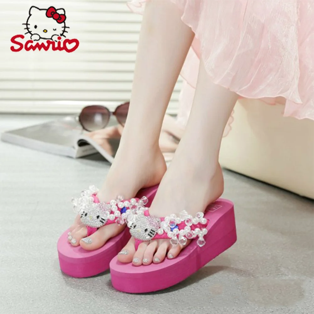 Sanrio Figure Y2k Hello Kitty Soft Flip Flop Sandals Beach Slides Shoes Women Cute Casual High Platform Slipper Birthday Gift