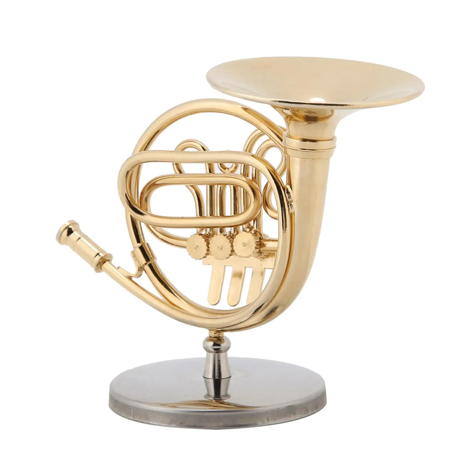 4in Golden French Horn Replica with Stand - Musical Instrument Model for Christmas Gifts & Decor