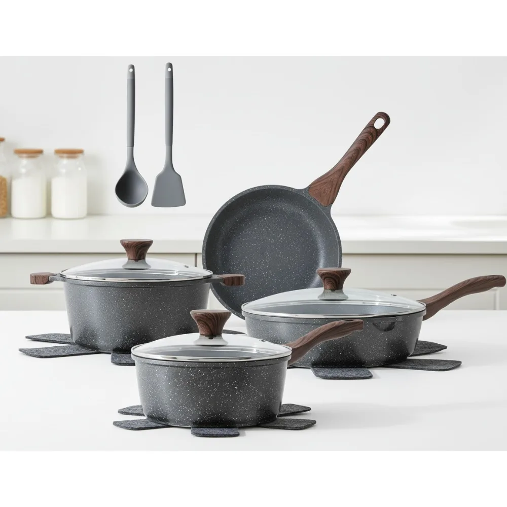 

Набор посуды с антипригарным покрытием из 13 предметов со швейцарским гранитом, полезные кухонные кастрюли и сковородки для всех плит