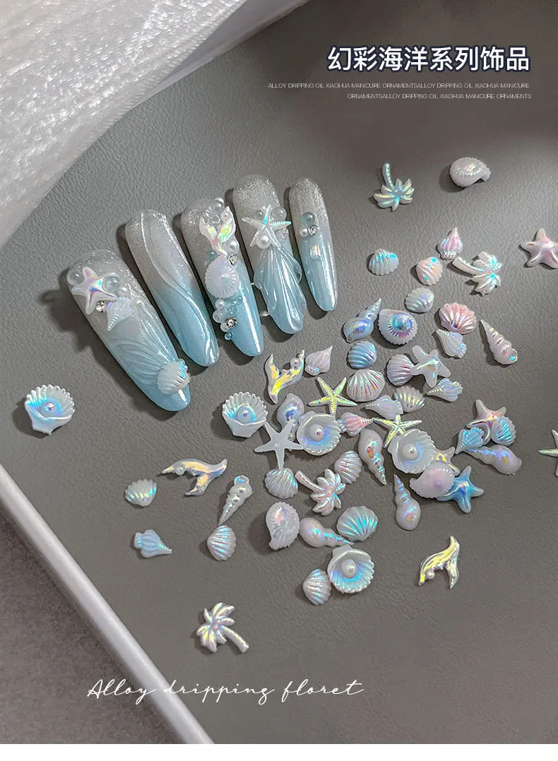 Summer Glittering Ocean Wave Nail Art Accessories Aurora Shell Sea Star Fish Tail 3D Nail Charms DIY Manicure Decorations Parts