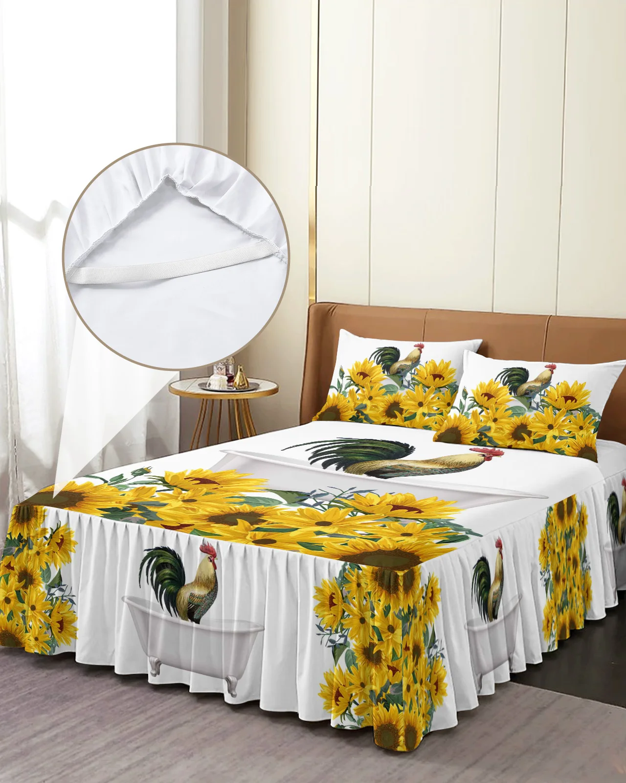 Animal Sunflower Rooster Bathtub Bed Skirt Elastic Fitted Bedspread With Pillowcases Mattress Cover Bedding Set Bed Sheet