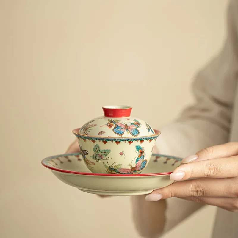 Retro Palace Wall Red Butterfly Dance Streamer Small Pear Pot  Anti-scalding Ceramic Teapot Light Luxury Cover Bowl Master Cup