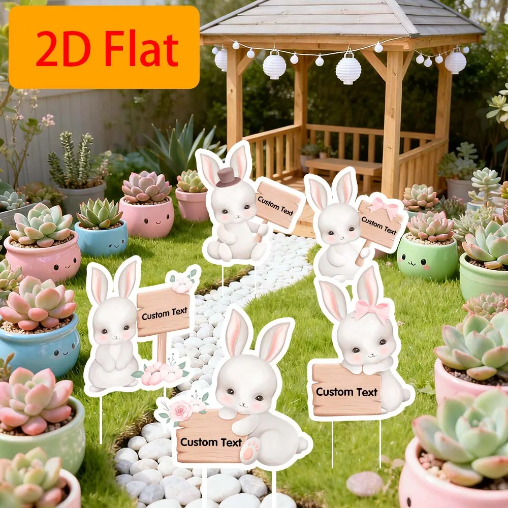 1pc 2D Flat Cute Bunny Garden Stakes with Custom Text - Adorable Bunny Cutouts, Ideal for Adding a Personalized Touch