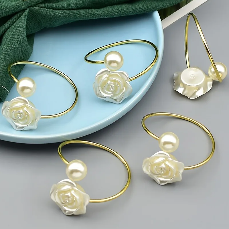 Napkin Rings - Floral Design with White & Golden-Tone Finish, Elegant Table Decor for Thanksgiving, Weddings