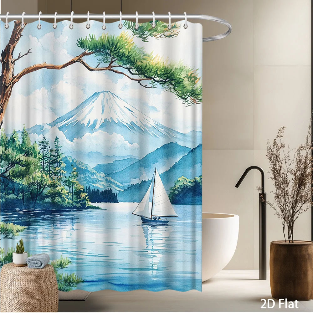 

Mount Fuji & Lake Shower Curtain – Watercolor Sailboat, Pine Trees, 2D Flat, Multiple Sizes, Includes Hooks