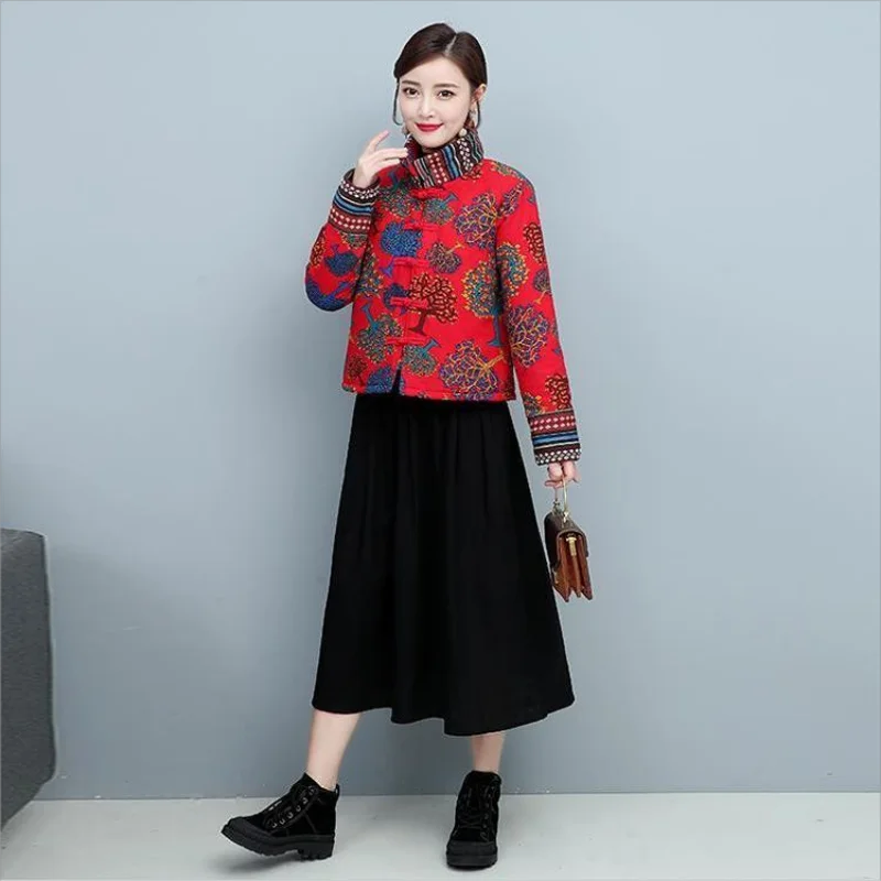 Women Tang Suit Padded Jacket Print Stand Collar Chinese Style Vintage Autumn Winter Female Tradition National Style Short Coat