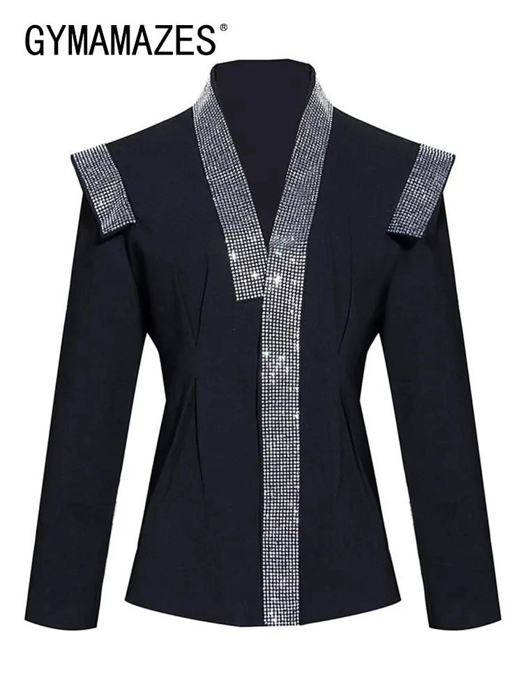 

GYMAMAZES Solid Patchwork Diamond Blazers For Women Notched Collar Long Sleeve Tunic Spliced Hidden Breasted Blazer Female 2023