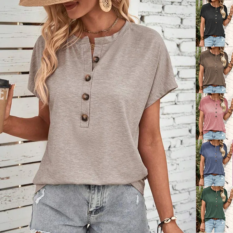 Nordic Style Women's Spring Summer New Top Pure Color Button Loose Fit Short Sleeve T-Shirt from China Acrylic Fiber 100%