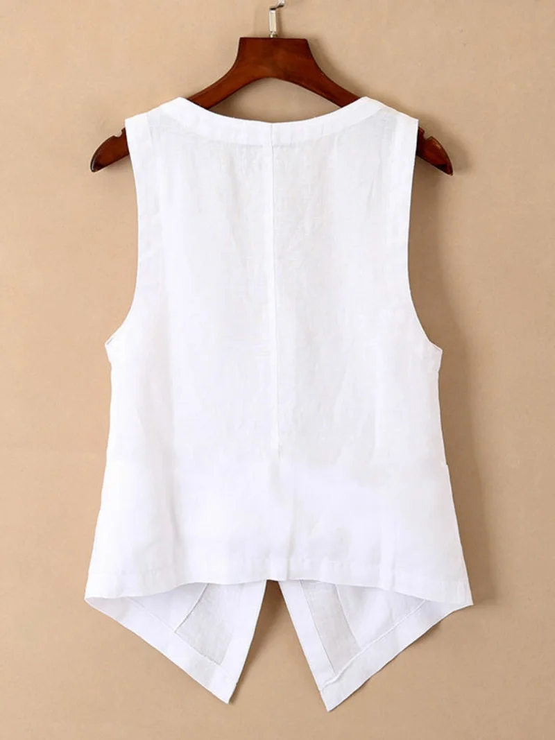 Ladies' ort Linen Vest Spring Summer Autumn Outerwear Ele Breathable Cotton Linen Jaet V-Ne Single Button Design